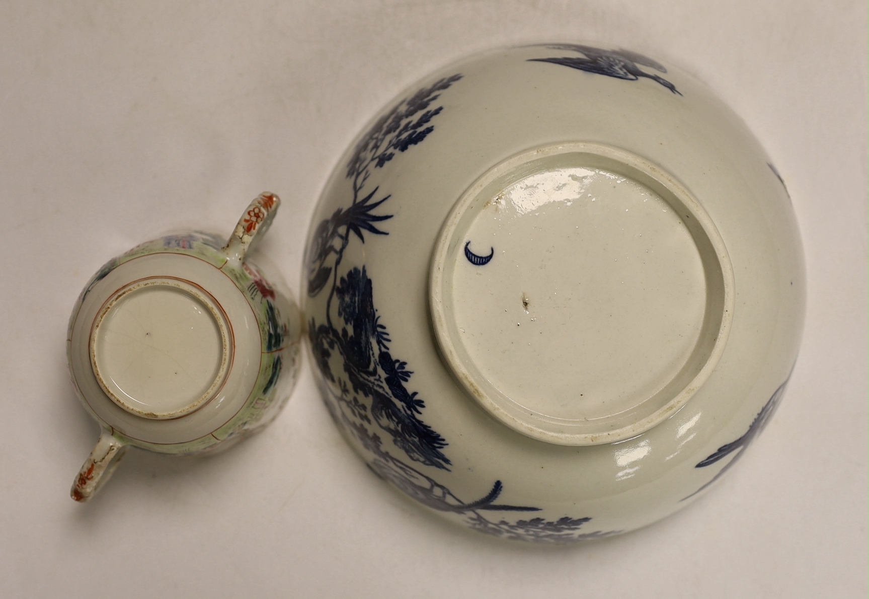 An 18th century Worcester bowl, Chinese cup and saucer and a Derby sheep, bowl 7.5cm